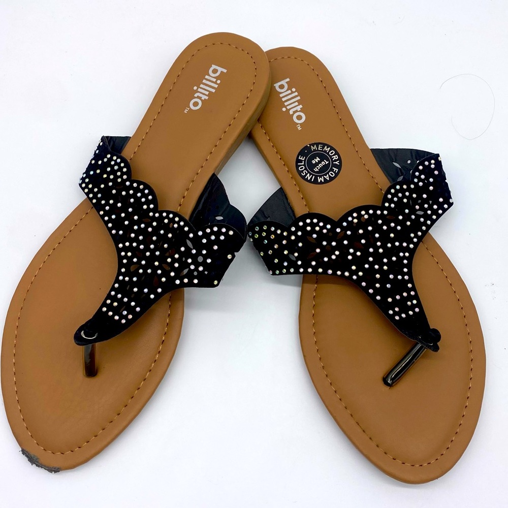 Billito Memory Foam Tan Black w/ Rhinestone Faux Suede Thong Sandals Women’s 10